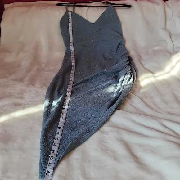 Women's Junior Size, Bodycon Sparkling Blue with Ruched Side Part & Slit Dress - Picture 6 of 11